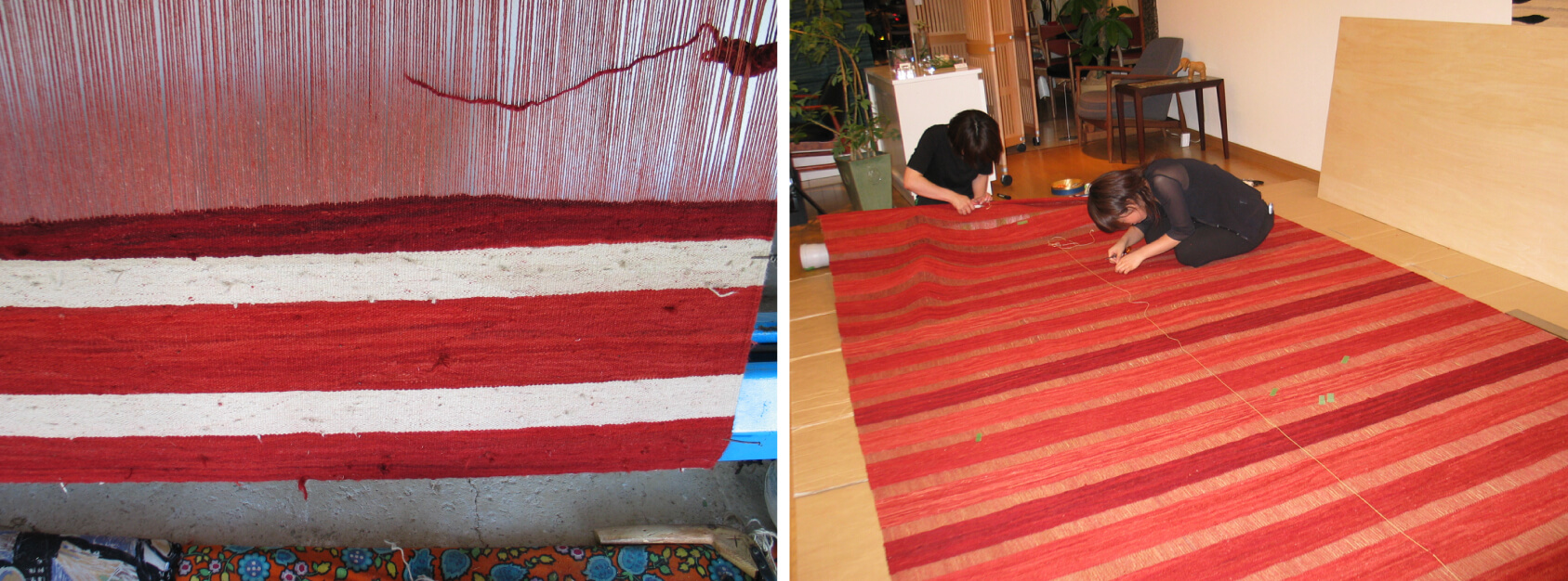 織り途中の透かしキリムと織られた透かしキリムを調整している写真