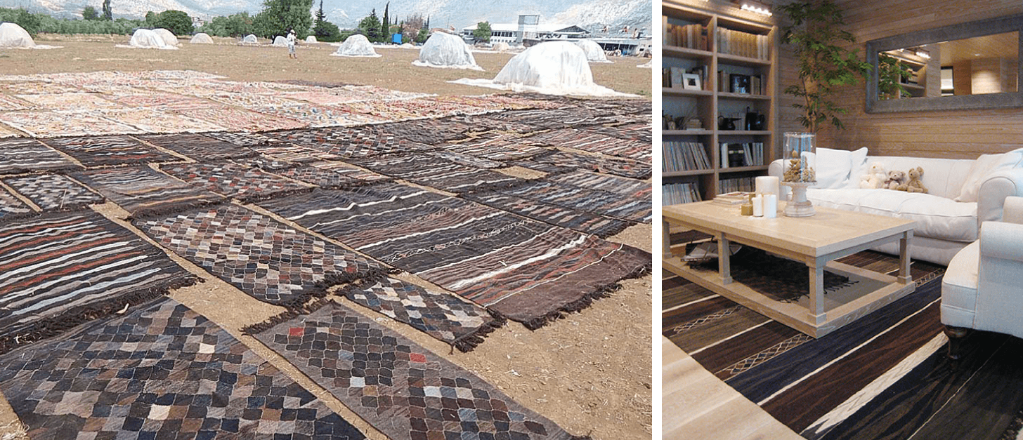 オールド仕上げをしている途中の複数のブラックキリムの写真