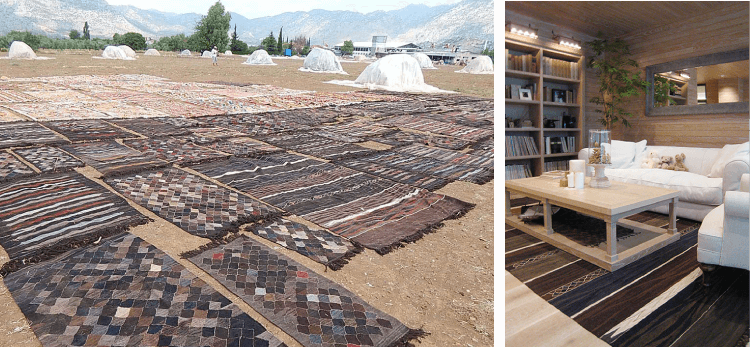 オールド仕上げをしている途中の複数のブラックキリムの写真